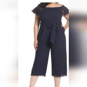 Chelsea28 Blue Cotton Off the Shoulder Pom Trim Eyelet Jumpsuit sz 20 NWT